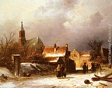 Famous Town Paintings - Figures on a Snow Covered Path with a Dutch Town beyond